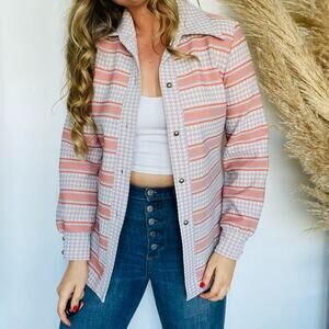 VINTAGE Tan White Orange Striped Houndstooth Button Down Shirt Jacket Shacket